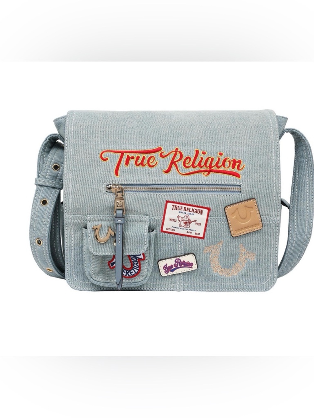 NWT True Religion Multi Patch Denim Messenger Bag in Blue